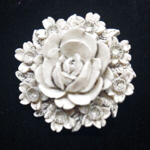 Vintage White & Black Floral Carved Celluloid Pin Brooch Rose